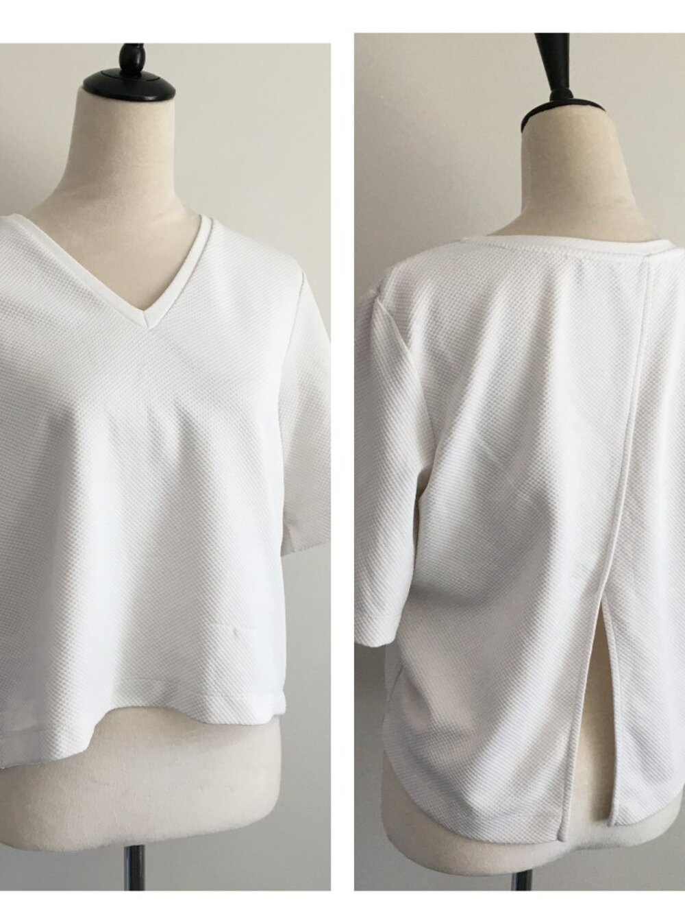 ZARA Trafaluc White Textured Slit Back Hem Short Sleeve V Neck Shirt